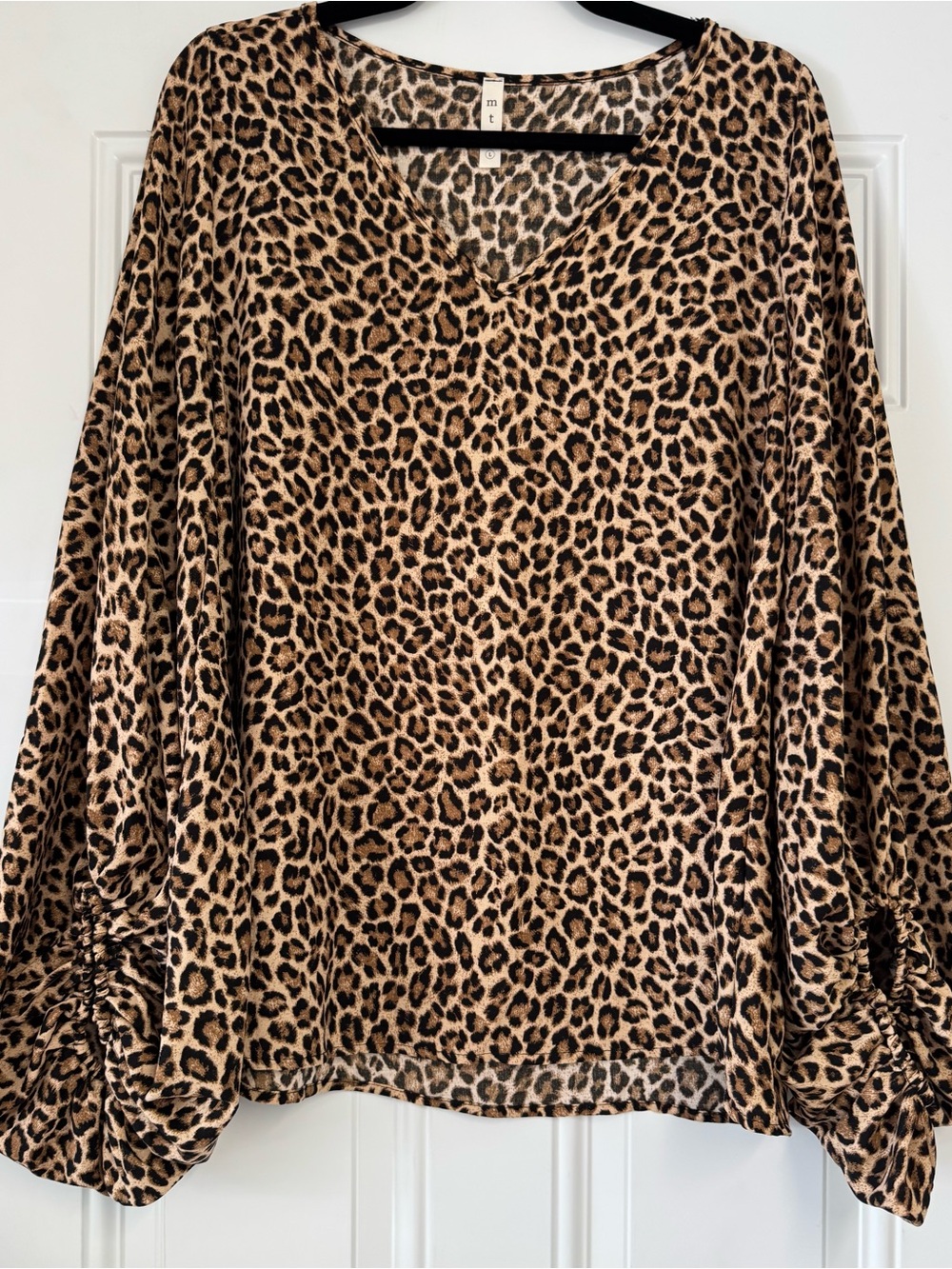 Leopard Print V-Neck Blouse, bubble sleeves